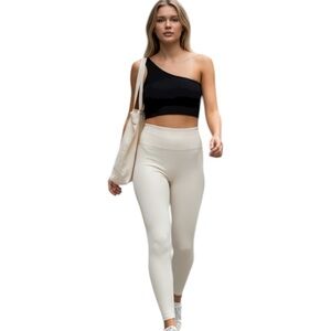 New TikTok viral 2pc Ribbed Black One-Shoulder Sports Bra & Cream Leggings, MED